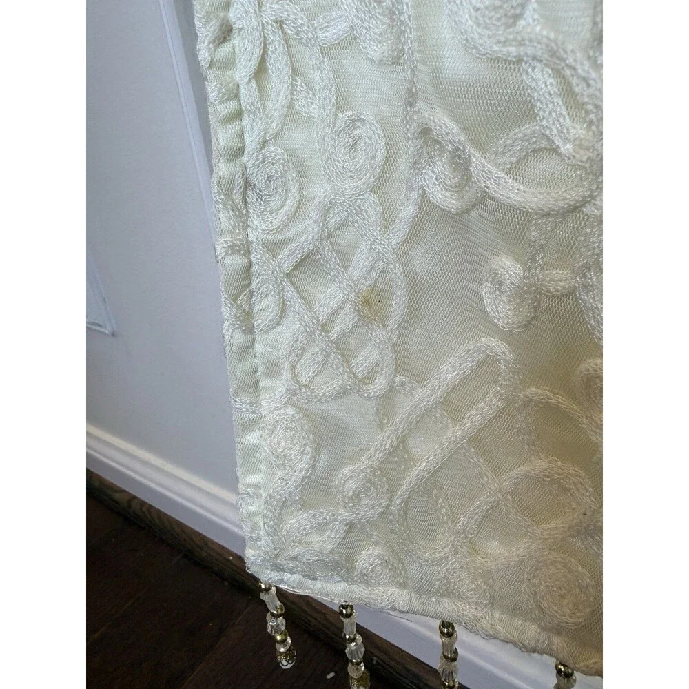 Ivory Cream Embroidered Lace Table Runner 80” x 12” Gold Crystal Bead Fringe